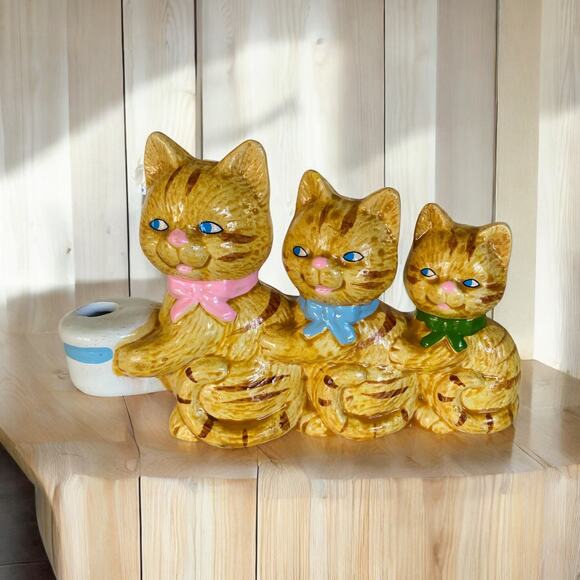 VINTAGE Taiwan 1970 Orange Ginger Tabby Cat Kitten Trio Candle Holder Figurine - Picture 1 of 5